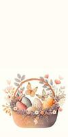 Illustration Of Cute Butterfly Characters With Easter Eggs Floral Basket And Copy Space. Happy Easter Day Concept. photo