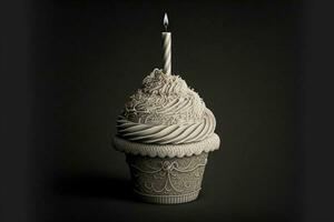 Black And White Cupcake With Lit Candle. 3D Render. photo