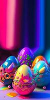 3D Render Of Glowing Colorful Floral Easter Eggs And Copy Space. Happy Easter Day Concept. photo