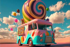 3D Render, Colorful Candyland Truck With Balloons On Clouds Background. photo