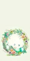 Flat Style Colorful Eggs On Floral Circular Frame With Flying Bird Character Against Cosmic Latte Background And Copy Space. Happy Easter Day Concept. photo