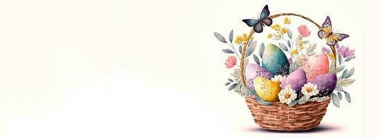 Illustration Of Cute Butterfly Characters With Easter Eggs Floral Basket And Copy Space. Happy Easter Day Concept. photo