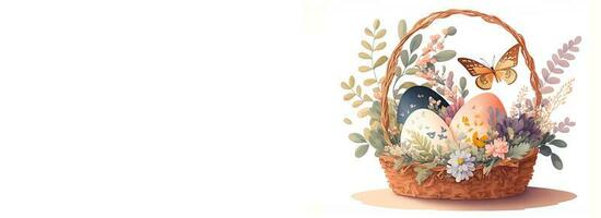 ilustración de floral Pascua de Resurrección huevo cesta con mariposa personaje y Copiar espacio. contento Pascua de Resurrección día concepto. foto