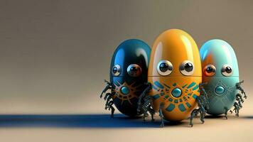 3D Render Of Scary Egg Shape Robots Characters Against Brown Background And Copy Space. photo