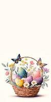 Illustration Of Cute Butterfly Characters With Easter Eggs Floral Basket And Copy Space. Happy Easter Day Concept. photo