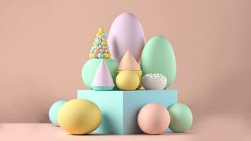 3D Render of Soft Color Eggs With Gometric Shapes On Podium And Copy Space. Happy Easter Day Concept. photo