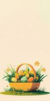 Illustration of Colorful Floral Easter Eggs Basket On Grass Against Cosmic Latte Background And Copy Space. Happy Easter Day Concept. photo
