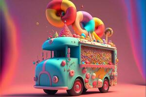 3D Render, Fantasy Colorful Food Truck of Candy Land Against Colorful Background. photo