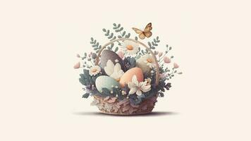 3D Render of Floral Egg Basket With Butterfly Character And Copy Space. Happy Easter Day Concept. photo