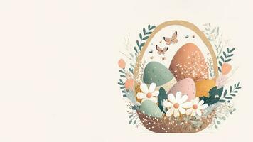 Illustration of Floral Egg Basket With Butterflies Character And Copy Space. Happy Easter Day Concept. photo