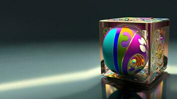 3D Render of Colorful Floral Printed Easter Egg In Glassware Box on Shiny Grey Background And Copy Space. Happy Easter Day Concept. photo