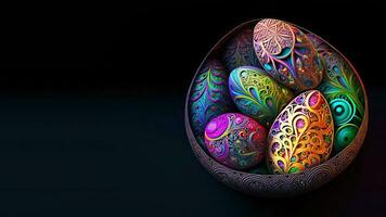 3D Render of Colorful Cloisonne Easter Eggs Bowl On Black Background And Copy Space. Happy Easter Day Concept. photo