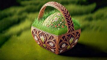 3D Render of Floral Egg Shape In Basket Against Blur Green Grassland And Copy Space. Easter Day Concept. photo