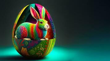 3D Render Of Colorful Rabbit Character Sitting Inside Egg Against Teal Background And Copy Space. Happy Easter Day Concept. photo