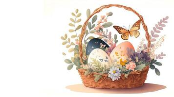 ilustración de floral Pascua de Resurrección huevo cesta con mariposa personaje y Copiar espacio. contento Pascua de Resurrección día concepto. foto