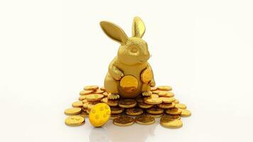 3D Render Of Cheerful Cute Golden Rabbit Character Sitting Gold Coins And Copy Space. photo