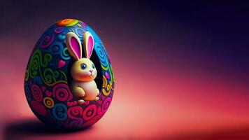 3D Render of Cute Rabbit Character Inside Floral Egg Against Red And Purple Background And Copy Space. Happy Easter Day Concept. photo