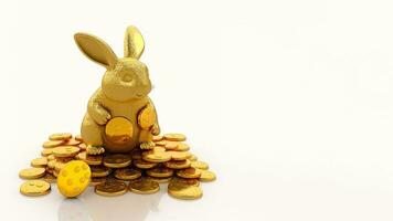 3D Render Of Cheerful Cute Golden Rabbit Character Sitting Gold Coins And Copy Space. photo