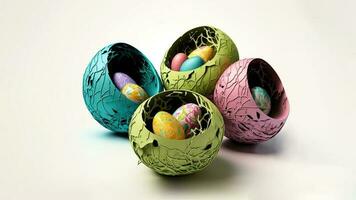 Colorful Paper Mache Easter Eggs Bowl OR Bird Nest Set For Easter Day Concept. 3D Render. photo