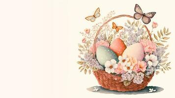ilustración de floral Pascua de Resurrección huevo cesta con mariposas personaje y Copiar espacio. contento Pascua de Resurrección día concepto. foto