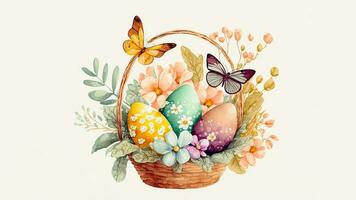 ilustración de floral Pascua de Resurrección huevo cesta con mariposa caracteres y Copiar espacio. contento Pascua de Resurrección día concepto. foto