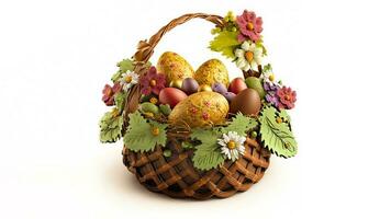 3D Render of Easter Eggs With Berries, Flowers And Leaves In Basket And Copy Space. Easter Day Concept. photo