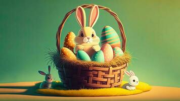 3D Render of Cute Baby Rabbits Or Bunnies Characters With Printed Eggs Basket On Grass And Copy Space. Happy Easter Day Background. photo