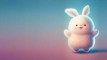 3D Render of Excited Rabbit Character Standing On Shiny Blue And Pink Gradient Background And Copy Space. photo