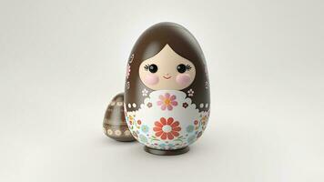 3D Render of Matryoshka Doll With Easter Egg Against Grey Background And Copy Space. Happy Easter Day Concept. photo