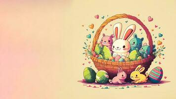 Flat Style Colorful Cute Baby Rabbits Or Bunnies Characters, Easter Egg In Basket And Heart Shapes on Pastel Pink And Yellow Background And Copy Space. Easter Day Concept. photo