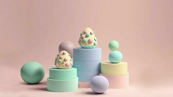 3d hacer de pastel color huevos en circular podio en contra pastel rosado antecedentes y Copiar espacio. contento mas facil día concepto. foto