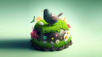 3D Render of Cute Bird Standing With Butterfly Charatcer On Circle Flower Landscape And Copy Space. Easter Day Concept. photo