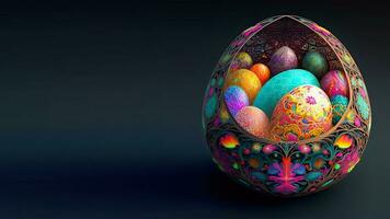 3D Render of Colorful Cloisonne Easter Eggs Basket Or Nest On Black Background And Copy Space. Happy Easter Day Concept. photo