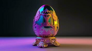 3D Render of Shiny Colorful Floral Easter Eggs Stand or Pedestal Against Pink And Black Background And Copy Space. Happy Easter Day Concept. photo