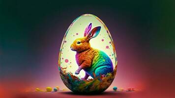 3D Render of Rainbow Rodent Rabbit Character Inside Egg Against Colorful Background And Copy Space. Happy Easter Day Concept. photo