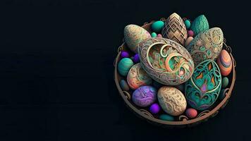 3D Render of Colorful Cloisonne Easter Eggs Bowl On Black Background And Copy Space. Happy Easter Day Concept. photo
