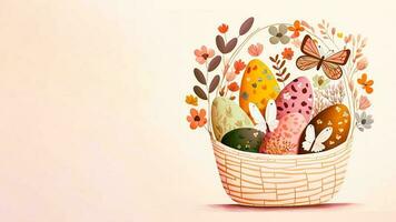 Flat Style Cute Butterflies Character With Easter Eggs In Basket On Pastel Pink Background And Copy Space. Easter Day Concept. photo