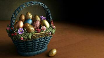 Easter Eggs With Flower In Basket On Brown Wooden Texture Background And Copy Space. Easter Day Concept. photo