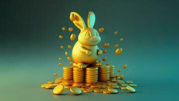 3D Render Of Cute Golden Rabbit or Bunny Character Standing On Gold Coins Stack Against Shiny Teal Background. photo