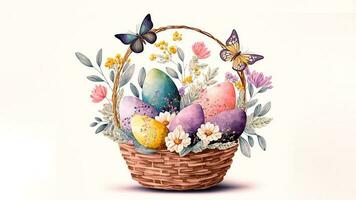 Flat Style Cute Butterflies Character With Easter Eggs In Basket And Copy Space. Easter Day Concept. photo