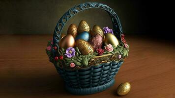 Easter Eggs With Flower In Basket On Brown Wooden Texture Background And Copy Space. Easter Day Concept. photo