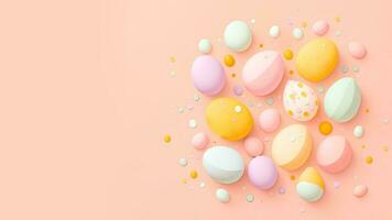 3D Render of Soft Color Easter Eggs Decorative Pastel Pink And Background And Copy Space. Happy Easter Day Concept. photo