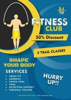 Fitness Club template design with discount offer and 5 Days trial classes on abstract background. vector