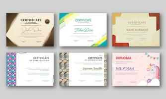 Horizontal Certificate Template Layout In Six Options. vector