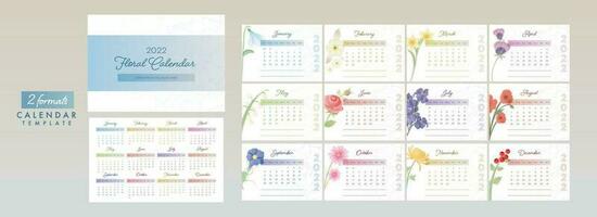 2 formatos completar conjunto de 12 mes para 2022 floral escritorio calendario diseño. vector