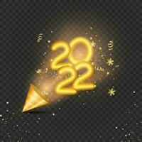 Exploding Party Popper With 3D Golden 2022 Number On Black Png Background. vector