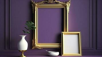 3D Render of Golden Vintage Frames With Image Placeholder On Purple Interior Wall And Plant Pot Stand. photo