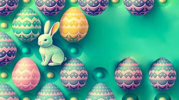 3D Render of Cute Bunny or Rabbit Character Sitting On Colorful Floral Easter Eggs With Flowers Decorative Background And Copy Space. Easter Day Concept. photo