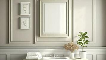 3D Composition of Photo Frames Mockup On Interior Wall Panels, Plant Pots, Towels And Wash Basin Sink.