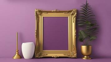 3d hacer de dorado Clásico marco con imagen marcador de posición, planta maceta y decorativo objetos. foto